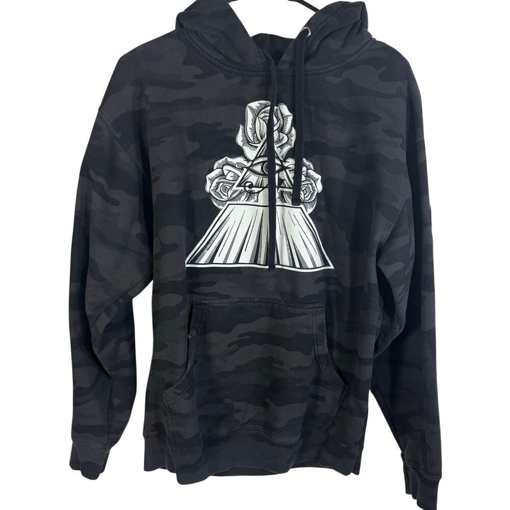YoungLA Mens Medium Black Camo Graphic Pullover Hoodie Roses Alien Streetwear